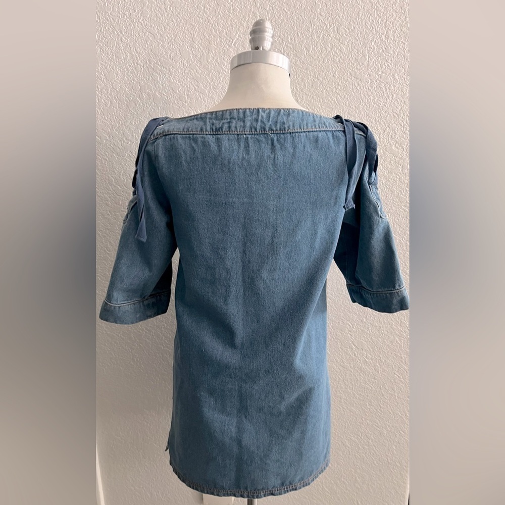 Anthropologie Maeve denim Shift Dress Size XS lace up sleeve w bleach at bottom - Picture 5 of 7